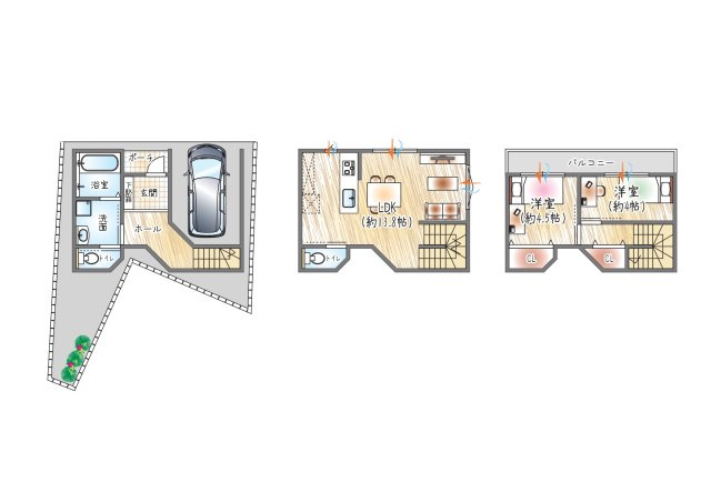 【参考プラン？】（ベストプラン建物価格：2480万円～）　■建物面積：約64.51？　■3階建て×2LDK　1階に水回りがまとまっており、家事の負担を軽減できる間取りです◎