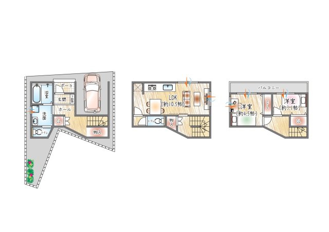 【参考プラン？】（ベストプラン建物価格：2480万円～）　■建物面積：約63.58？　■3階建て×2LDK　約10帖のLDKで家族が自然と顔を合わせる暮らし。