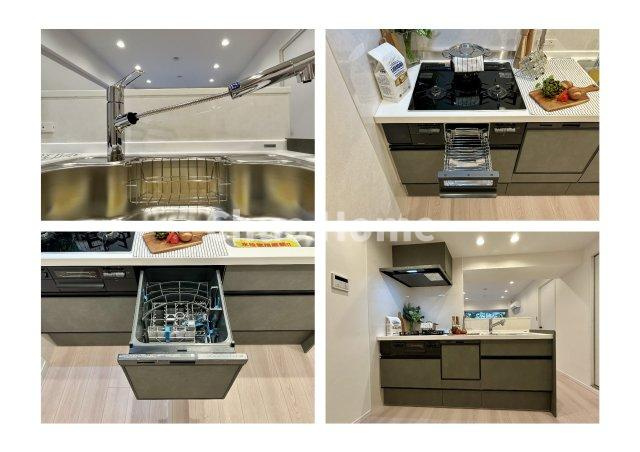 【システムキッチン】ワイドで収納豊富な使い勝手の良いカウンターキッチンには、食洗器・伸縮タイプのキッチン水栓、三ツ口コンロ・魚焼きグリルなどの便利な設備が標準完備されています。