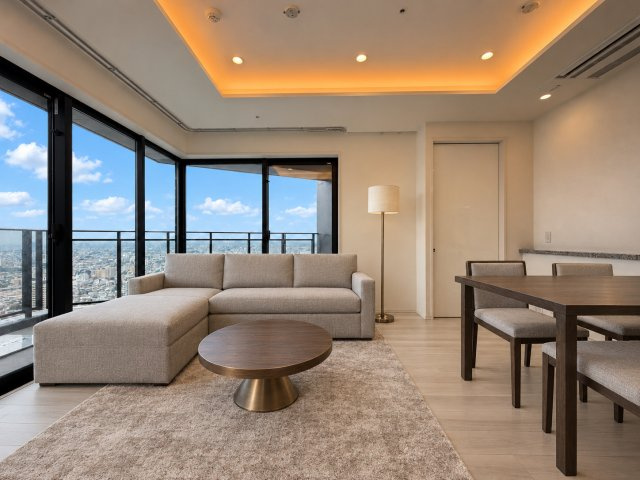 大都市を背景に置いたリビングダイニング　※本画像は現況写真から、家具や生活用品等をAIにより家具の設置等をした画像です。