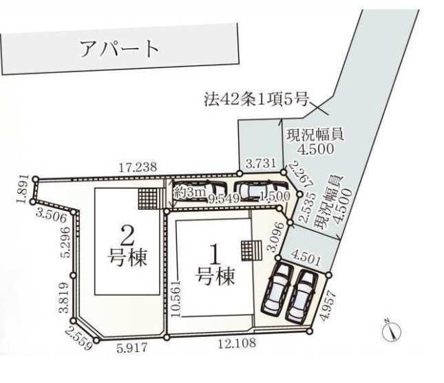 1号棟　北東側約4.5ｍ位置指定道路（私道・持分有）　駐車並列2台（車種によります）　敷地面積36.4坪