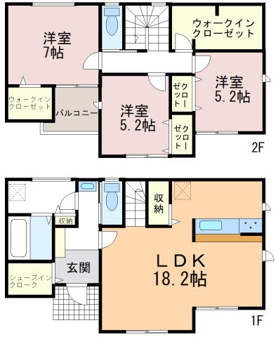 【間取り図】3号棟　間取り図です。1階LDKは18帖と広々しており、玄関には広めのシューズクローク付きです。2階は洋室3部屋全居室収納完備のほか共用のウォークインクローゼット付きの収納充実のお家です。