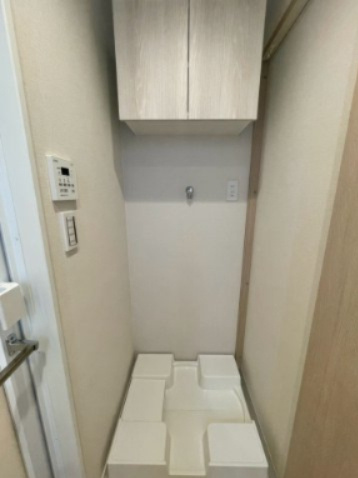 選択置き場の様子です。　上に収納があるのが嬉しいですね。