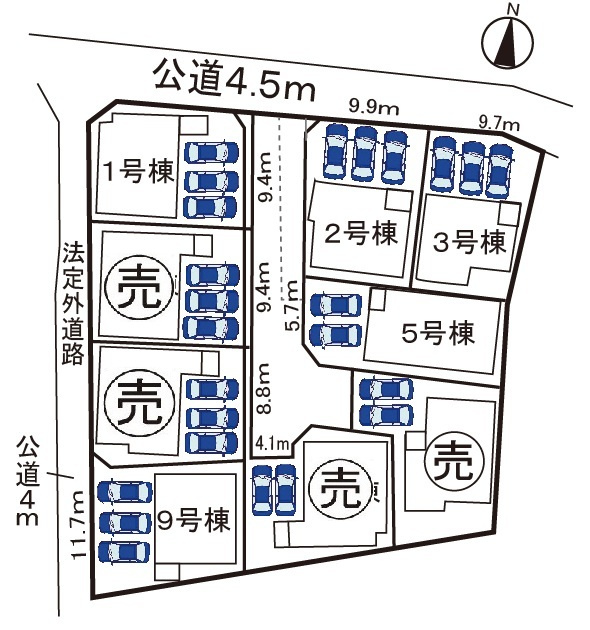 全9区画。駐車場並列3台可。
