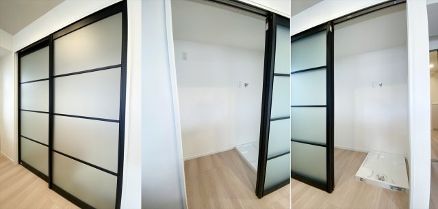 キッチン裏のオシャレ収納スペースです！冷蔵庫と洗濯機をオシャレに隠すことができます！