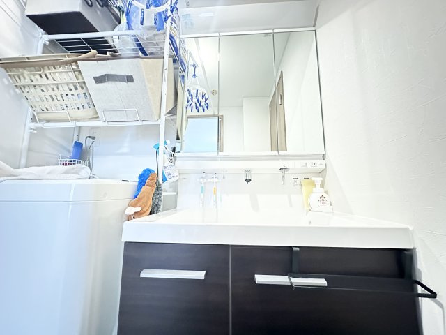 独立洗面台、小物を置くことができて便利です