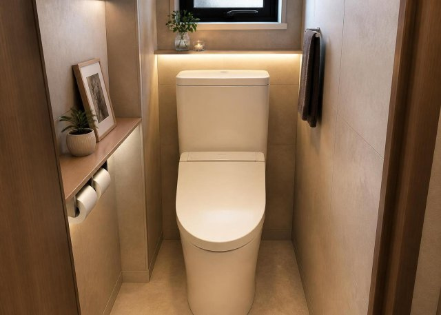 バスルームと独立した温もりあるトイレ空間です。2026年8月の壁・床などの内装リフォームにより、さらに衛生的な環境へと整えられます。毎日使う場所だからこそ、清潔で心地よい空間が保たれています。