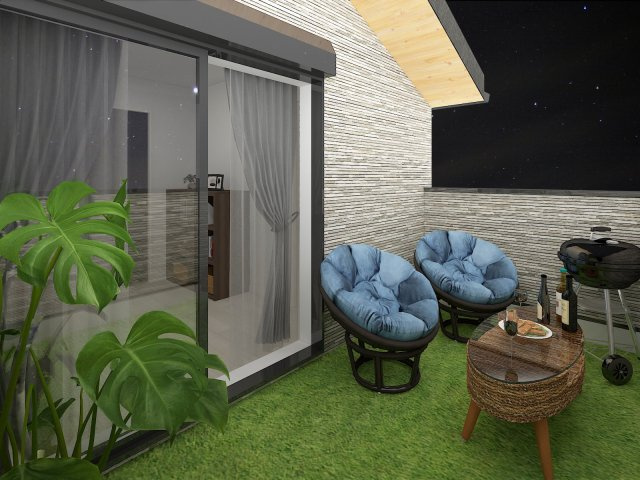 《3Fバルコニー：ステージングイメージ》※家具・小物はCGによるインテリアイメージであり、家具の設置サイズを保証するものではございません。