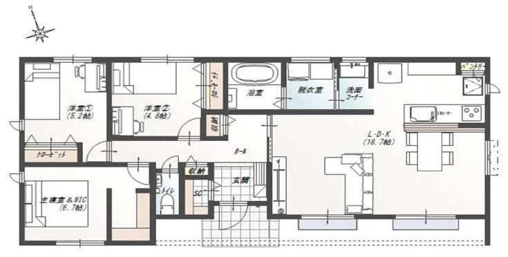 南向き陽当り良好な58坪に建つお洒落な平屋プラン♪