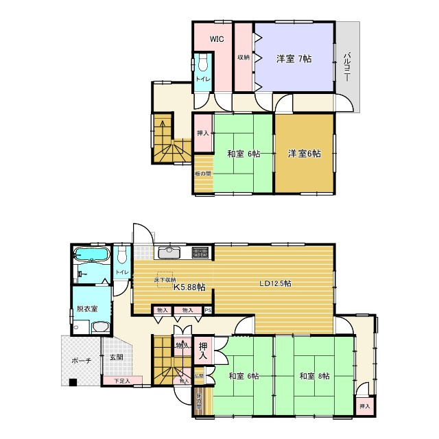 5LDK+WICの広々とした間取りが魅力の戸建です。1階には約18帖の広大なLDKに加え、続き間の和室があり、開放的な大空間として活用可能。部屋数が必要な大家族や、趣味の部屋を持ちたい方にもおすすめ。