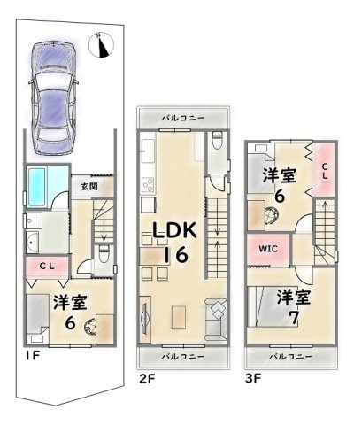《参考プラン》建物価格：2104万　延床面積：86.95平米（1F:25.67平米　2F:31.47平米　3F:29.81平米）