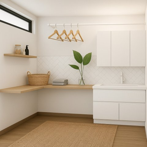 【B号地プラン例】ランドリールームで室内干し→ファミクロへ片づける。忙しい日々の家事負担を最小限に　