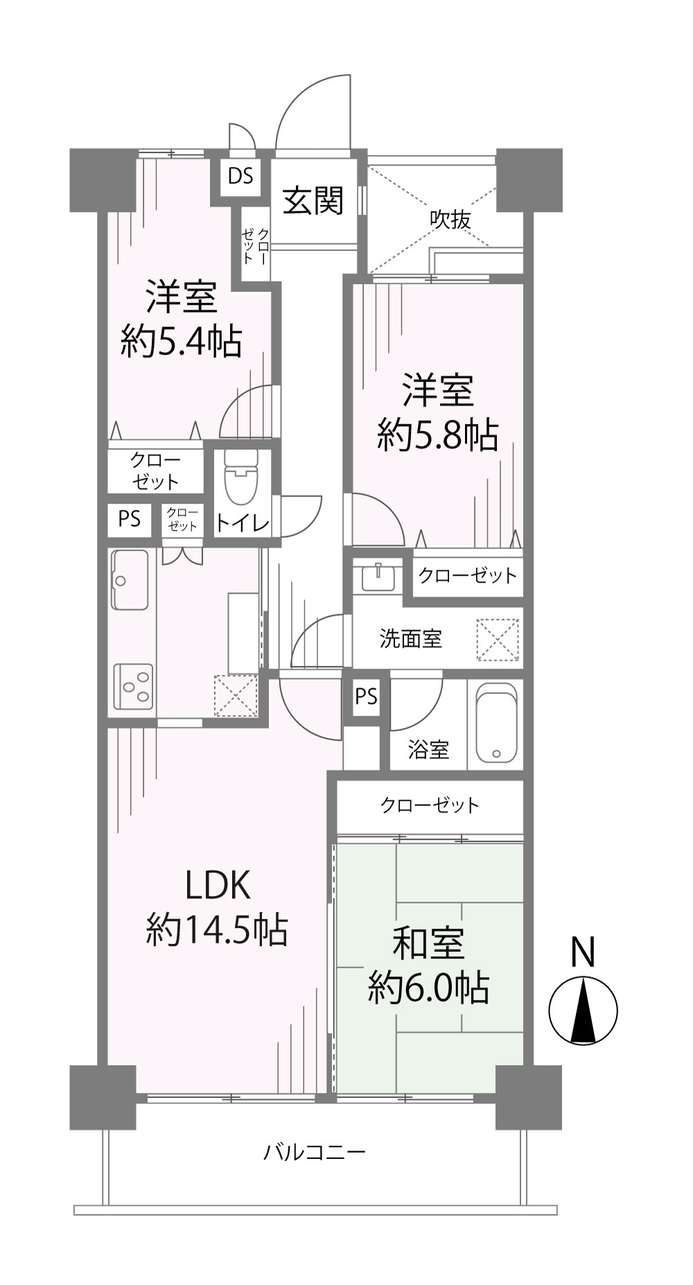 3LDK、専有面積73.55m2、バルコニー面積8.85m2　間取り図