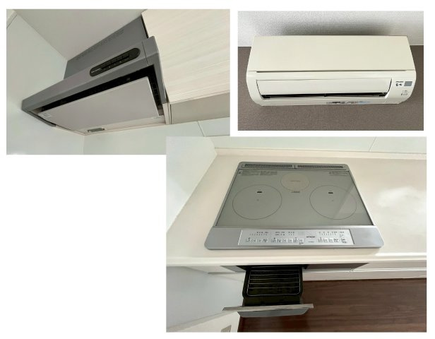 お掃除しやすい換気扇、IH3ツ口コンロ、エアコン