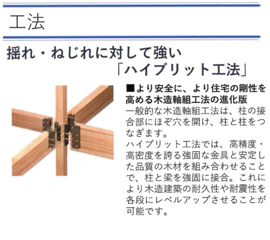 ハイブリッド工法　在来軸組に金物を使用し、耐久性、耐震性を格段にアップさせることが可能となります。