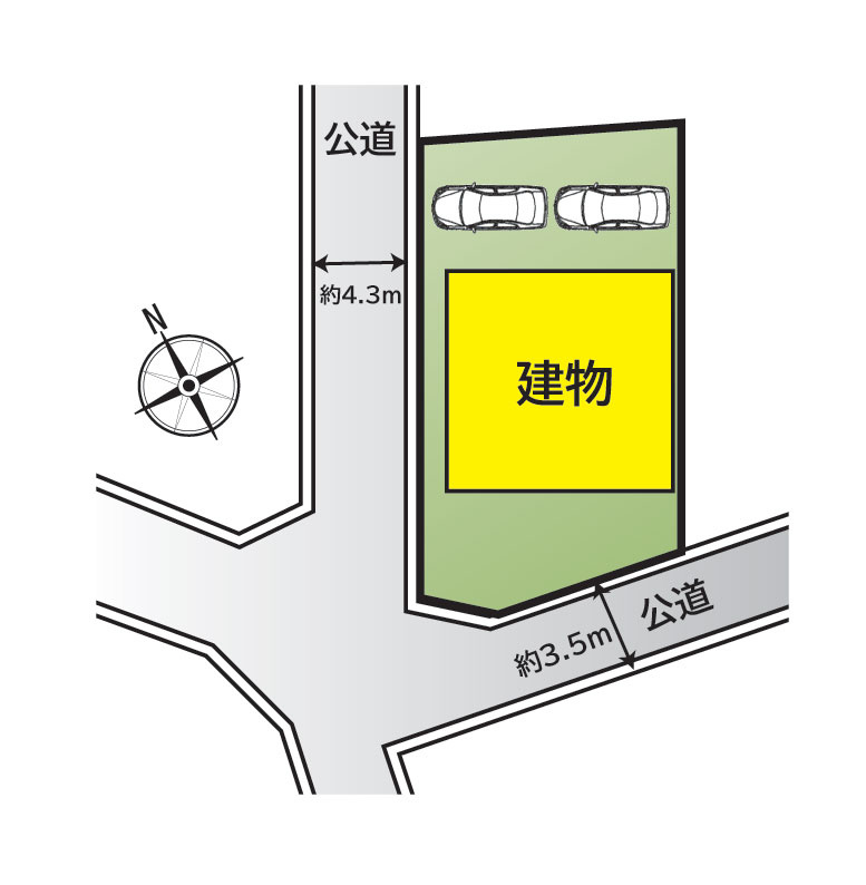南西角地　カースペースは2台分（上手に停めれば3台駐車可）　お庭付き