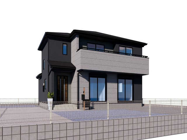 7号棟《完成イメージ》シックな黒とやわらかなアッシュ系のツートンが際立つ、モダンでスタイリッシュな外観デザインです。