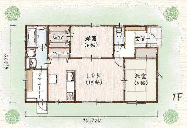 こちらは建物プラン例：参考イメージ図です。　2LDK　建物面積/69.56？（21.04坪）　延床面積/67.90？（20.54坪）　建築条件なし、お好きなプランで建てられます。