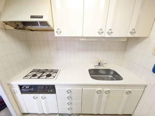 壁付けタイプのシステムキッチン。丁寧にお使いできれいです。調理スペースも程よくありますので調理もスムーズにできますよ。※生活用品などAIにより画像削除しています