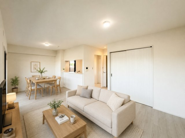 ナチュラルな内装でどんな家具とも相性◎。落ち着いた暮らしをイメージしやすい空間です♪※本画像はCGで作成しており、実際に現地に家具は置かれておりません。また価格に家具は含まれておりません。