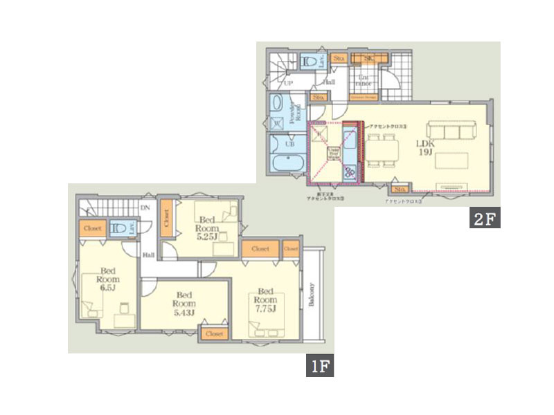 ＜建物参考プラン間取図＞　2階建4LDK　延床面積：105.22ｍ2　建物価格：2100万円　収納充実＆家事動線良好な住まいを建築可能です。