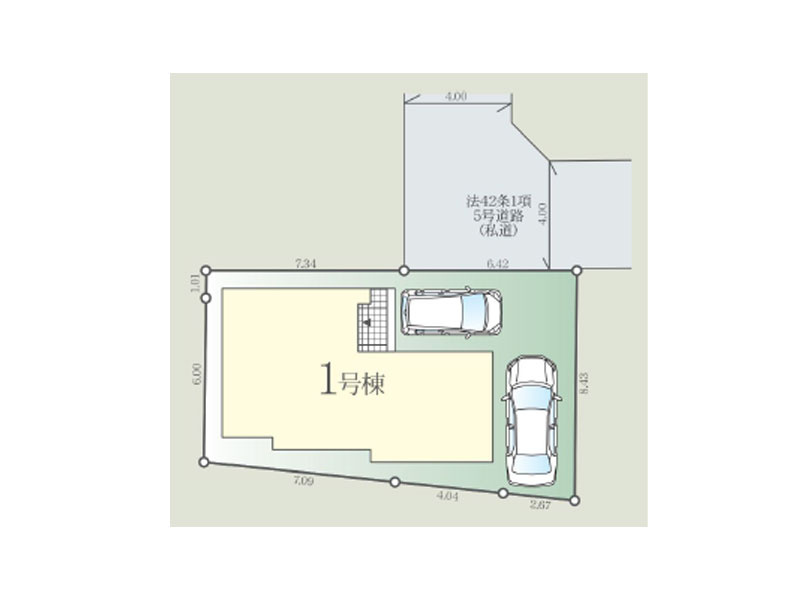 ＜区画図・建物参考プラン間取図＞　2階建4LDK　延床面積：105.22ｍ2　建物価格：2100万円　2台分のカースペースも設けることができます。(車種により異なります。)