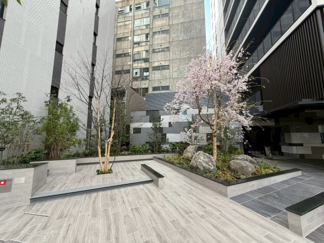 【メインエントランス】春には桜が咲き、四季の移ろいを感じることができます！