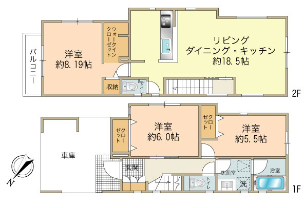 1号棟（3580万円、敷地面積：86.91？、建物面積：108.47？、車庫面積：12？）