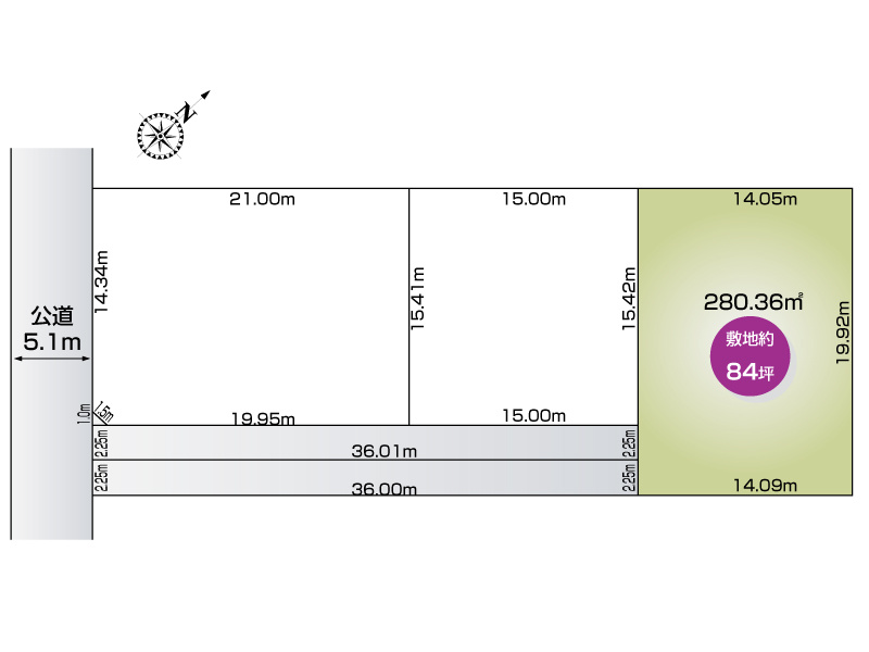 行田市大字前谷3区画　1号棟　該当区画　土地　280.36？（84.80坪）　※共有道路持ち分あり　1号棟の総面積は、主たる280.36？＋共有道路81.02？＝361.38？（109.31坪）