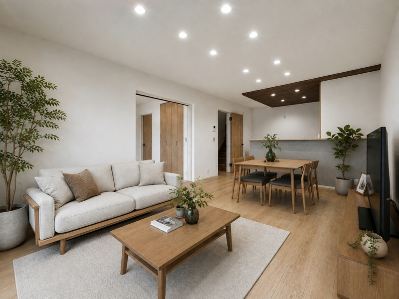 1号棟　LDK　※実際の現地写真に家具・小物を合成した画像です。家具・小物は物件価格に含みません。
