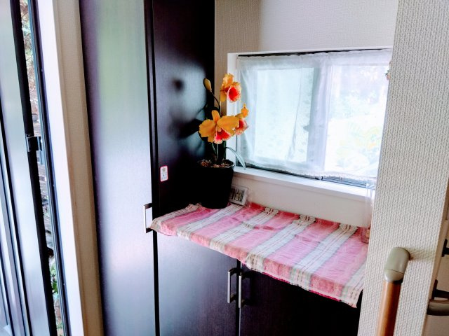 備え付けのシューズボックスがあるので収納がたっぷりあります。上は棚になっているので季節の小物やお花を置いたりして楽しめます。