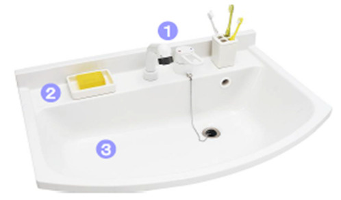 お湯が出ない位置がクリック感でわかるエコクリック水栓。陶器製より割れにくい人工大理石製です。