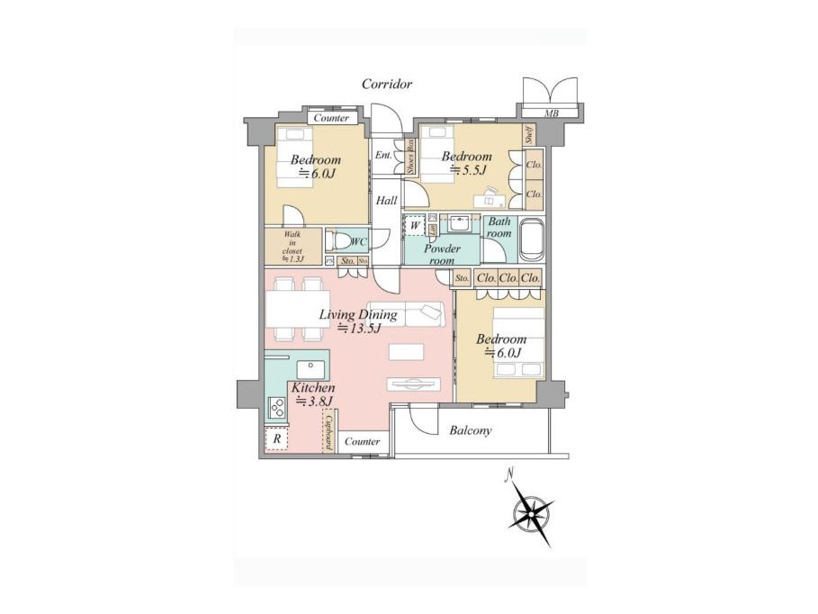3つの居室とゆとりあるLDKを備えた3LDKの中古マンション。家族が集まるリビングと個室のバランスがよい間取りです。大きな窓から光が差し込む開放的なリビングは、家族が自然と集まる場所になります。