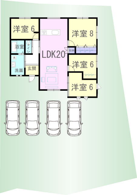 車4台駐車可能！※車の配置は一例です。