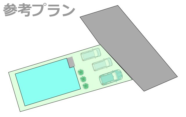 こちらは建物プラン例：参考イメージ図です。　区画内の建物・駐車場・庭の配置の一例です。