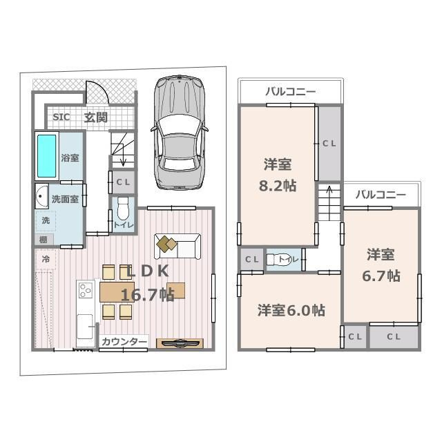 【建物参考プラン・価格】　建物面積：1階44.95ｍ2、2階44.14ｍ2、延床面積89.09ｍ2　価格：2、020万円（別途標準外構工事費150万円要）