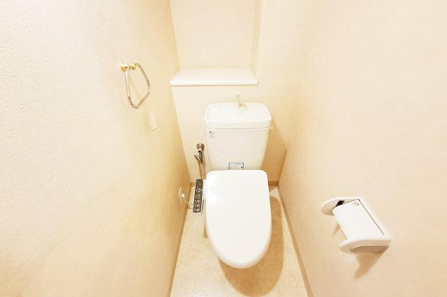 トイレ：背面に小物を置ける棚があります。