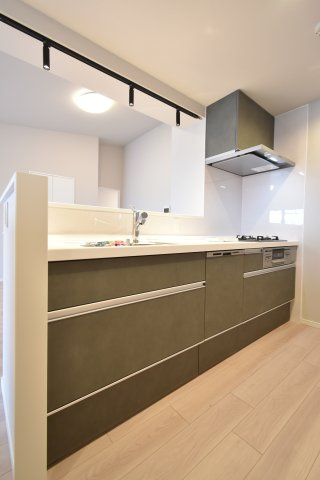 最新のシステムキッチン！家具と調和する扉面材と、使い勝手のよい収納豊富なスライド収納です♪家事が楽になる食洗器付き！　ワークトップは高級感のある人造大理石仕上げ！浄水器付き水栓も付いています！
