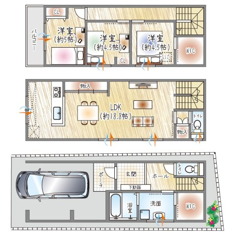 【参考プラン？】(ベストプラン建物価格：2480万円～)　■建物面積：94.05？　■3階建て×3LDK　18.8帖LDK×WICで、ゆとりと収納を兼ね備えた住まい