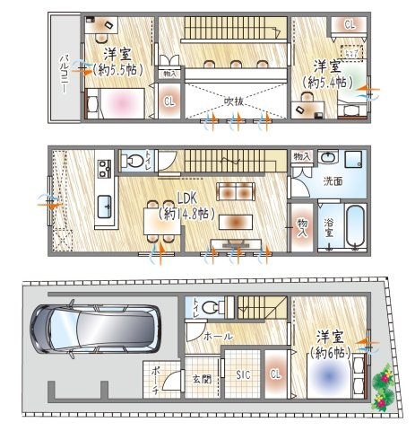 【参考プラン？】(セミオーダー建物価格：2630万円～)　　■建物面積：91.54？　■3階建て×3LDK　吹き抜けを採用！明るく開放感のある住まい。SIC・各居室収納付きでスッキリ整う設計です◎