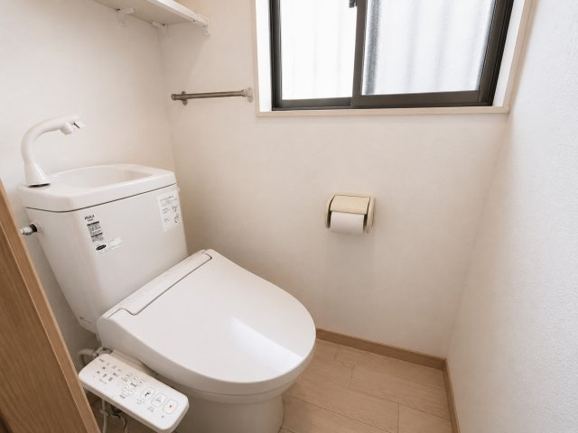 温水洗浄便座付きトイレを採用しており、快適性に配慮された空間です。窓付きのため自然換気が可能で、明るさも確保されています。シンプルで清潔感のある内装となっており、毎日気持ちよくお使いいただけます。　　