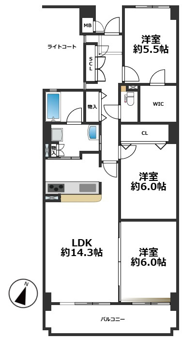 3LDK、専有面積77.74平米、バルコニー面積10.36平米♪