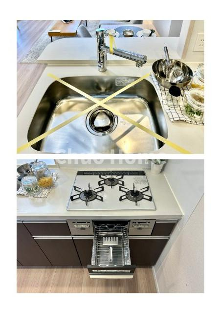 【キッチン水栓】キッチン水栓はシャワーヘッドが伸びますのでシンクの隅々まで届きます。【三ツ口コンロ】奥様に好評な三ツ口コンロと魚焼きグリルです。