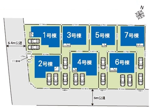 ■1号棟　■カースペース並列2台可能！　■前面道路幅約6ｍで広々！