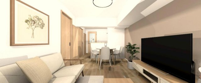 約11.7帖のLDKは、ナチュラルで清潔感のあるデザイン。大きな窓から陽光が差し込み、家族が自然と集まる明るい空間を演出します。理想のライフスタイルを叶える憩いの場となります。イメージパース（LDK）