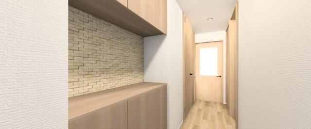 お家の顔となる玄関は、上品なアクセントクロスが目を引く洗練された空間。トールサイズのシューズボックスを備えており、散らかりがちな玄関先もスッキリと片付きます。　内装イメージパース（玄関）