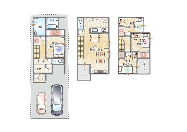【参考プラン？】(ベストプラン建物価格：2430万円～)　■建物面積：98.95？　■3階建て×4LDK　駐車2台可能、スッキリ片付く大容量収納の住まい♪