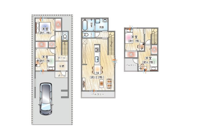 【参考プラン？】(ベストプラン建物価格：2430万円～)　■建物面積：98.94？　■3階建て×4LDK　広々18帖のLDK、水回り集約で家事ラクな暮らし。