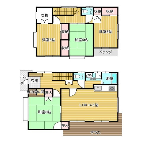 1階はLDK14.5帖と和室8帖を備え来客時や将来的な寝室利用にも対応しやすい間取り。2階には洋室2室と和室を配置し家族それぞれの個室を確保できます。収納も各所に設けられ暮らしやすさに配慮された住空間
