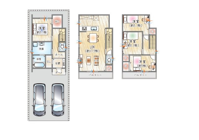 【参考プラン？】(ベストプラン建物価格：2430万円～)　■建物面積：98.97？　■3階建て×4LDK　2台駐車可能で、大容量WIC付のゆとり設計。